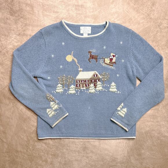 Vintage Y2K Christopher & Banks Winter Cabin Santa Embroidered Sweater Christmas - Picture 1 of 10